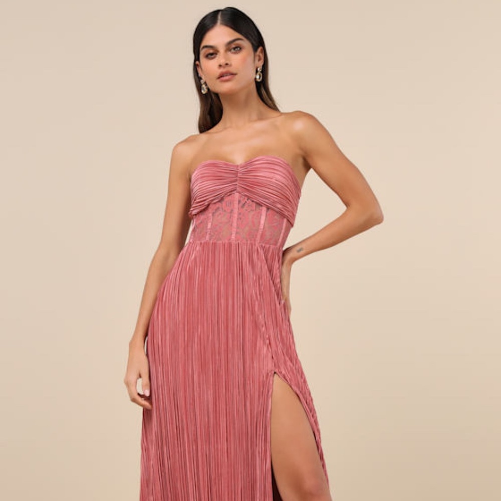 Lulus Desme Rose Pink Satin Plisse Strapless Maxi Dress - Size L